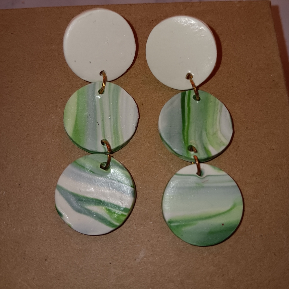 Earrings Green White Swirled Dangle Pierced 3 Tiered Polymer Clay Handmade Drop